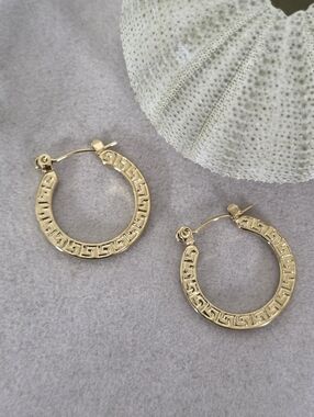 Gold Stainless Steel Small Hoop Earrings Greek Key Design